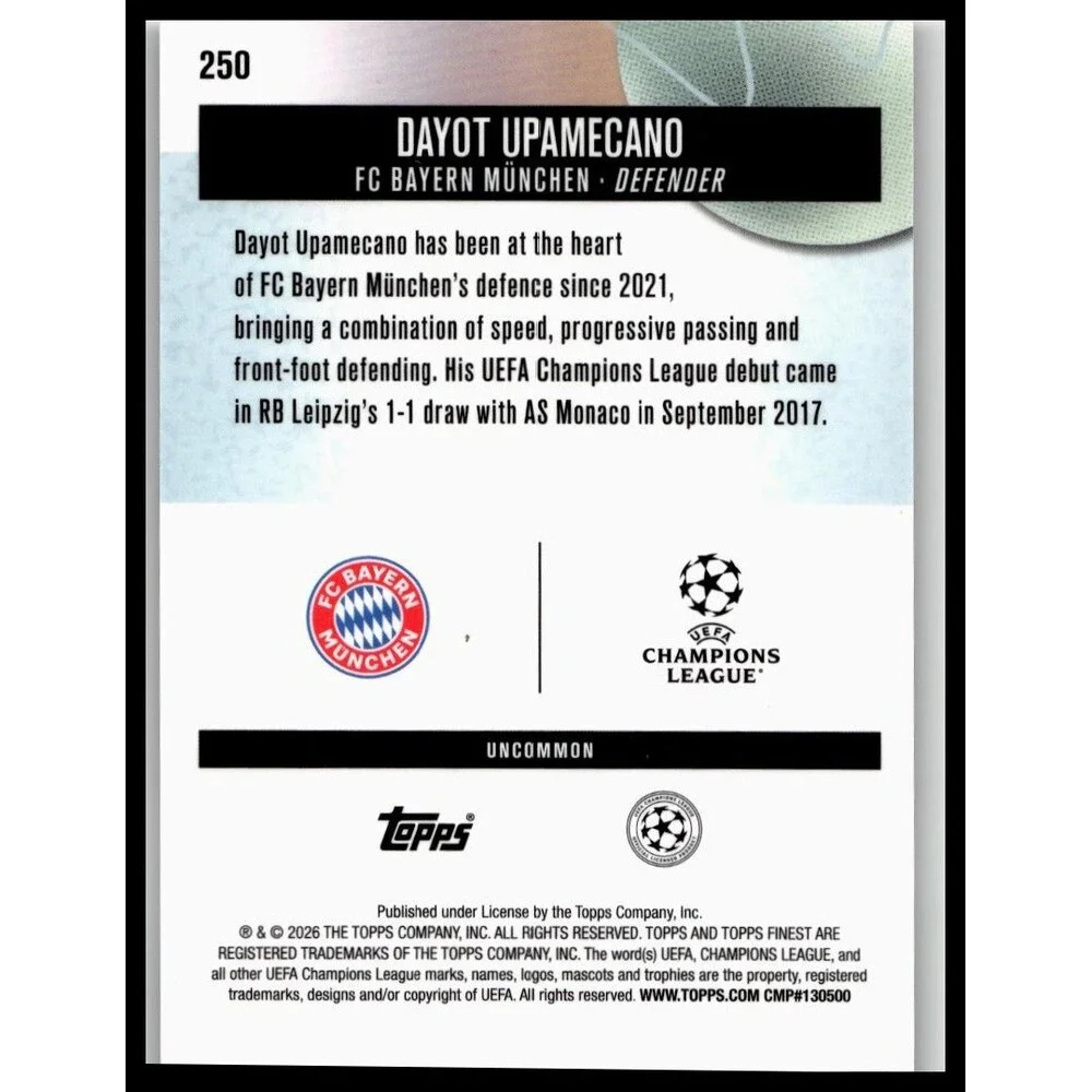 2025-26 Finest UEFA Dayot Upamecano #250 FC Bayern Munchen Uncommon